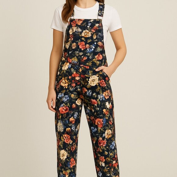 90s Y2K Floral Overalls Women’s Large Vintage Boho Cottagecore Grunge Vibe, Fall - Picture 1 of 14
